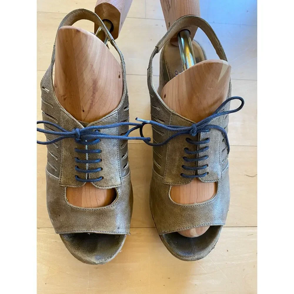 COCLICO Pierced Leather Lace Up Cork Platform Wedge Tie Sandals Brown 37 7 $395